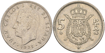 Испания 5 песет 1975 (78) Хуан Карлос I (1975-2014) KM 807 медно-никель 4155-634