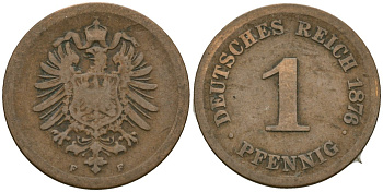 Германия 1 пфенниг 1876 F KM 1, J. 1, Weege 1 медь 4547-812