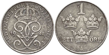 Швеция 1 эре 1948 Густав V (1907-1950) KM 810 железо 116-1131