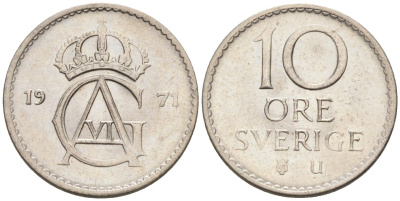 Швеция 10 эре 1971 Густав VI Адольф (1950-1973) KM 835 медно-никель UNC 4585-422