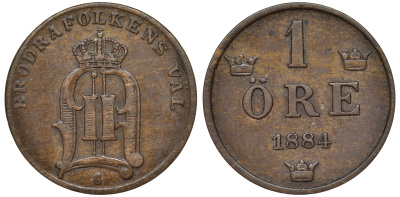 Швеция 1 эре 1884 Оскар II (1872-1907) король Швеции и Норвегии KM 750 бронза 4588-1152