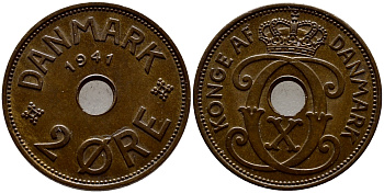 Фарерские острова 2 эре 1941 Кристиан X (1912-1947), датские территории KM 2 бронза 1530-1312