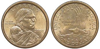 США 1 доллар 2000 Р, индианка Сакагавея KM 310 медь с марганцево-латунным покрытием aUNC 4531-144