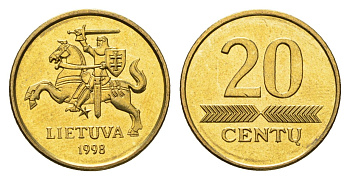 Литва 20 центов (сентов) 1998 KM 107 никель латунь UNC 4689-1134