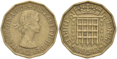 Великобритания 3 пенса 1954 Елизавета II (1952-2022) KM 900, Spink 4153 никель латунь 4556-455