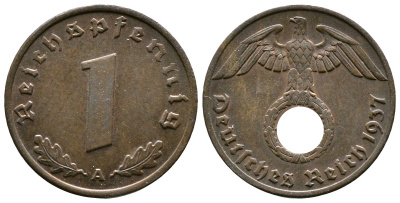 Германия 1 рейхспфенниг 1937 A KM 89, J. 361 бронза    220-218