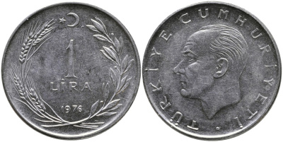 Турция 1 лира 1976 Мустафа Кемаль Ататюрк KM 889а.2 нержавеющая сталь 4541-522