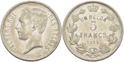 БЕЛЬГИЯ 5 ФРАНКОВ 1933 АЛЬБЕРТ I, DES BELGES KM 97.1 никель 3851-233