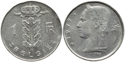 БЕЛЬГИЯ 1 ФРАНК 1977 BELGIE KM 143.1 медно-никель 4379-656