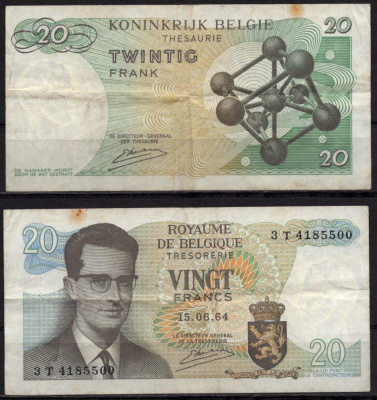 Бельгия 20 франков 1964 Бодуэн I; Атомиум, Брюссель Pick 138 (3) бумага 7548-114-2-2