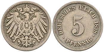 Германия 5 пфеннигов 1898 F, KM 11, J. 12 медно-никель 220-742