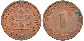 ФРГ 1 пфенниг 1988 D KM 105, J.380 сталь плакированная медью 4174-449