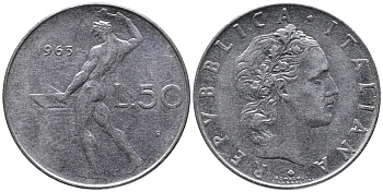 ИТАЛИЯ 50 ЛИР 1963 R, КУЗНЕЦ KM 95.1 сталь 34-1253