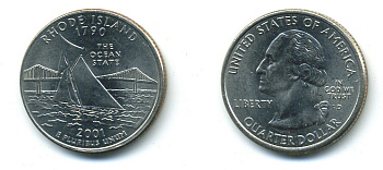 США 25 центов = квотер D, серия штаты США, Род-Айленд KM 320 медь плакированная медно-никелем 4388-752