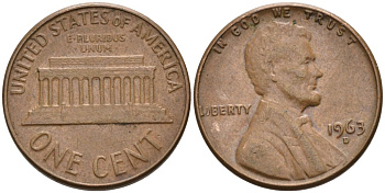США 1 цент 1963 D, Линкольн KM 201 медь цинк 4564-426