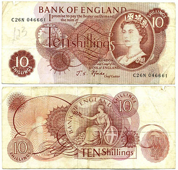 Англия 10 шиллингов 1966-1970  Pick 373с  бумага   435-40-3-1