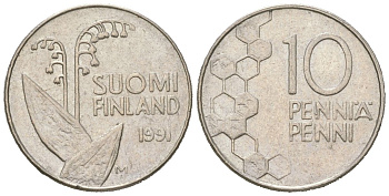 Финляндия 10 пенни 1991 KM 65 медно-никель aUNC 4617-1259
