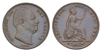 Великобритания 1 фартинг 1836 Вильгельм IV (1830-1837) KM 705, Spink 3823 бронза 1520-1132