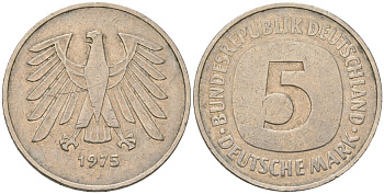 ФРГ 5 марок 1975 j KM 140.1 медно-никель 4557-644