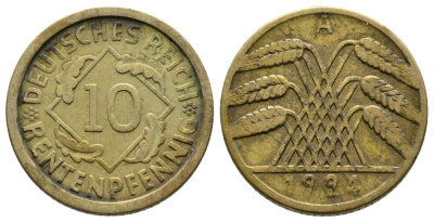 ГЕРМАНИЯ 10 РЕНТЕНПФЕННИГОВ 1924 A KM 33, J. 309, Weege 8 алюминиевая бронза 4380-937