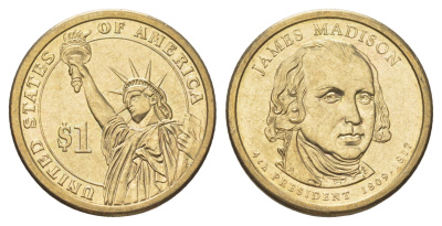 США 1 доллар 2007 D, Президент США - Джеймс Мэдисон (1809-1817) KM 404 медь с марганцево-латунным покрытием UNC 4629-236