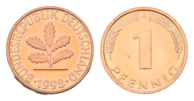 Германия 1 пфенниг 1998 A, в запайке KM 105, J.380 сталь плакированная медью PROOF 4116-1033