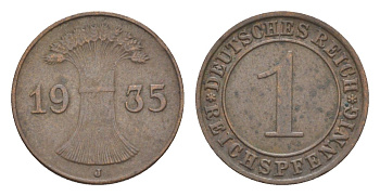 Германия 1 рейхспфенниг 1935 J KM 37, J. 313 бронза 4636-411