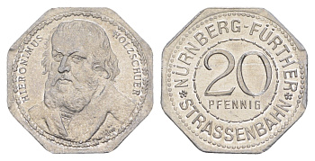 Нюрнберг трамвайный (транспортный) жетон в 20 пфеннигов ND (1920-1921) Портрет Иеронима Хольцшуэра Men05 19256.18, Men18 24102.18 алюминий aUNC 4582-1134