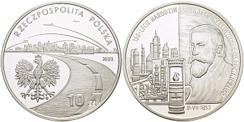 Польша 10 злотых 2003 MW, 150 лет газовой и нефтяной промышленности, самолет, вертолет KM 469 серебро PROOF 1080-9-63