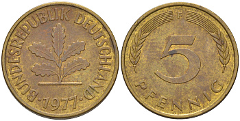 ФРГ 5 пфеннигов 1977 F KM 107, J. 382 сталь плакированная латунью 4514-935