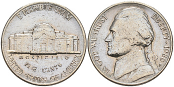 США 5 ЦЕНТОВ 1988 P, ДЖЕФФЕРСОН KM A192 медно-никель 190-156