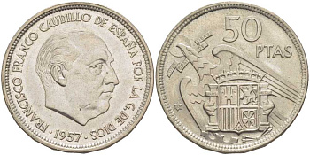 ИСПАНИЯ 50 ПЕСЕТ 1958 ГОД 1957, ФРАНЦИСКО ФРАНКО KM 788 медно-никель 3334-125