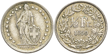 Швейцария 1/2 франка 1959 B KM 23 серебро 4608-517