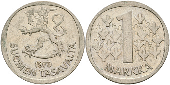 Финляндия 1 марка 1970 S KM 49а медно-никель 4364-1531
