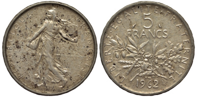 Франция 5 франков 1962 сеятель KM 926, LE FRANC 340.6 серебро 413-3345
