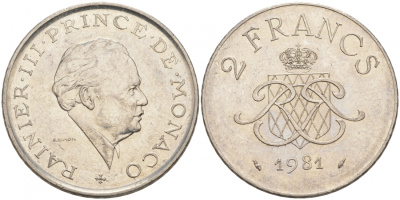 Монако 2 франка 1981 Ренье III (1949-2005) KM 157 никель 73-1633
