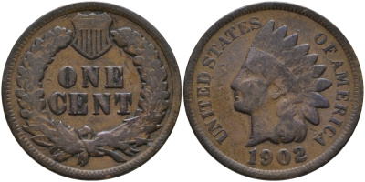 США 1 ЦЕНТ 1902 ИНДЕЕЦ KM 90а бронза 4396-334