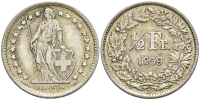 Швейцария 1/2 франка 1959 B KM 23 серебро 4608-517