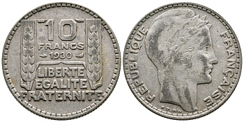 Франция 10 франков 1930 Пьер Тюрен KM 878, Le Franc 360.3 серебро 79-521