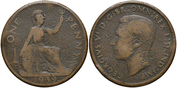 Великобритания 1 пенни 1939 Георг VI (1936-1952) КМ 845, Spink 4114 бронза 115-411