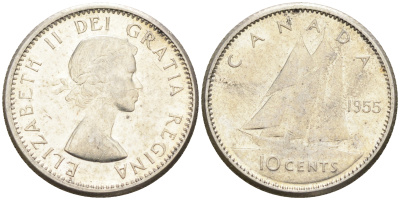 Канада 10 центов 1955 Елизавета II (1952-2022), парусник KM 51 серебро        4147-341