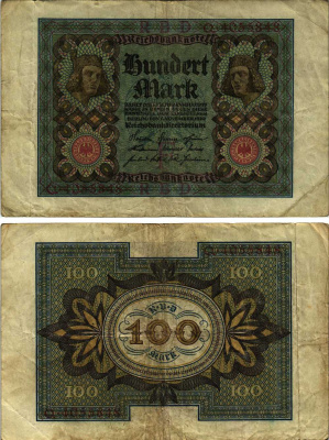 ГЕРМАНИЯ 100 МАРОК 1920 1 НОЯБРЯ 1920, СЕМИЗНАЧНЫЙ НОМЕР, БУКВА F Pick 69а бумага 8609-53-1