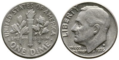 США 10 ЦЕНТОВ = 1 ДАЙМ 1976 D, РУЗВЕЛЬТ KM 195а медь плакированная медно-никелем 73-1722