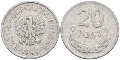 Польша 20 грошей 1949 KM 43а, Parchimowicz 207b алюминий 4516-315