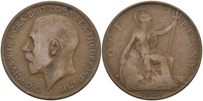 Великобритания 1 пенни 1921 Георг V (1910-1936) KM 810, Spink 4051 бронза 4394-311