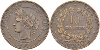 ФРАНЦИЯ 10 САНТИМОВ 1897 А, ТРЕТЬЯ РЕСПУБЛИКА (1871-1940) KM 815.1, LE FRANC 135.44 бронза 114-1045