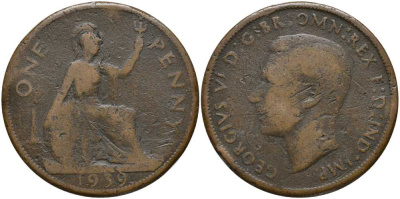 Великобритания 1 пенни 1939 Георг VI (1936-1952) КМ 845, Spink 4114 бронза 115-411