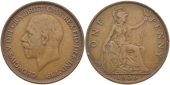 Великобритания 1 пенни 1936 Георг V (1910-1936) KM 838, Spink 4055 бронза 115-325