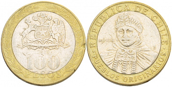 Чили 100 песо 2005 индейцы Мапуче KM 236 биметалл 4539-1154