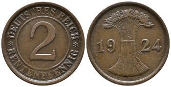 ГЕРМАНИЯ 2 РЕНТЕНПФЕННИГА 1924 A KM 31, J. 307 бронза 24-525